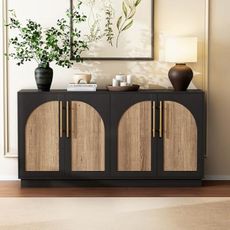 Scurrty 62" Antique Buffet Cabinet with Hutch, Vintage Sideboard Console for Dining Room & Kitchen, 2 Adjustable Shelves, Arched Doors & Metal Handles (Black)