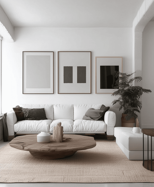 Cozy living room with a gallery wall featuring framed art, personal photos, and decorative pieces for a warm and personalized touch