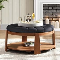 Harper & Bright Designs Modern Large Round Ottoman Coffee Table with 2-Tier Storage, Button Tufted Upholstery, Waterproof Linen Fabric, Wood Shelf, Wheels