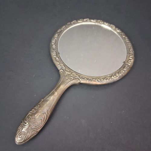 Antique Vintage Victorian Floral Silver Vanity Hand Held Mirror Heavy - Image 1 of 4