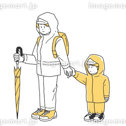 水害時に子供の手を引いて避難する女性のイラスト リュックサック,レインコート,スニーカーのイラスト素材