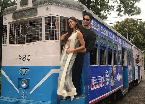 Bollywood actors Sidharth Malhotra and Katrina Kaif take a tram ride during the promotion of upcoming movie "Baar Baar Dekho" on August 31, 2016 in...