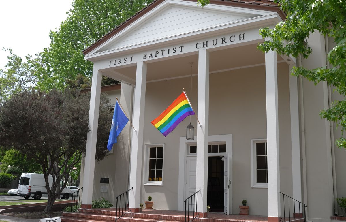 Gay Pride Flag over First Baptist Church - Humans of Silicon Valley