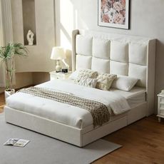 PINJU King Size Bed Frame with Storage Drawers with Linen Upholstery, Extra High Headboard, Wooden Slat Support, No Noise, Easy to Assemble (Cream, King (U.S. Standard))