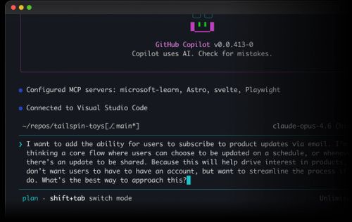 Terminal screenshot showing GitHub Copilot connected to various MCP servers and a user writing a prompt about adding email-based product update subscriptions.