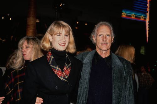 American actress Laura Dern, wearing a black jacket with tartan lapels, and her father, American actor Bruce Dern, who wears a grey jacket over a...