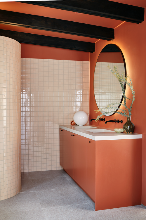 Room, Tile, Orange, Interior design, Architecture, Bathroom, Material property, Floor, Building, Flooring,