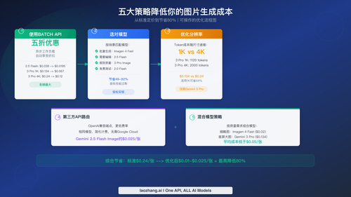 五种 Gemini 图像 API 成本优化策略及各自节省比例，从 36% 到 80%