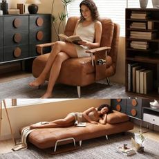 Vakdle Convertible Leather Sleeper Sofa,5-Position Adjustable Backrest, Waterproof Oil-Waxed Leather, Mid-Century Style Couch for Small Apartment,Living Room,Office(Single Sofa bed-28.35")