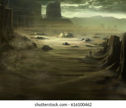 digital illustration of abandoned desert land canyon landscape view environment