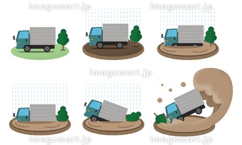 水害に遭う緑色のトラックのベクターイラストセット 自然災害,自然現象,集中豪雨のイラスト素材