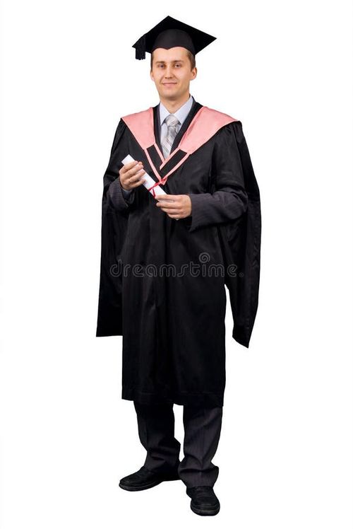 Young man dressed in black graduation gown holding certificate of degree. Isolated over white background. Bachelor degree stock images, royalty-free photos and pictures