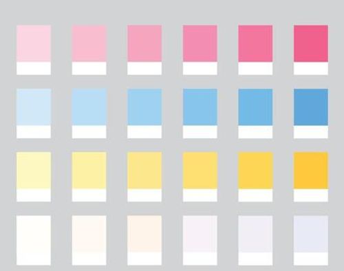 Color Palette 24 Kawaii Japanese Pastel Colours - Warm, Pink, Baby Blue, Yellow Tones - with HEX Codes and Names, Colour Scheme and Combinations vector