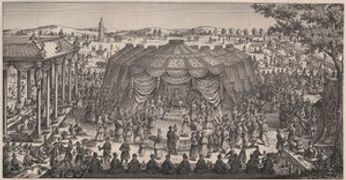 Grand Banquet given by Tamerlane (1336-1405) in the plain of Khani Gheul to celebrate the marriage of his grandchildren. Engraving 19th century.