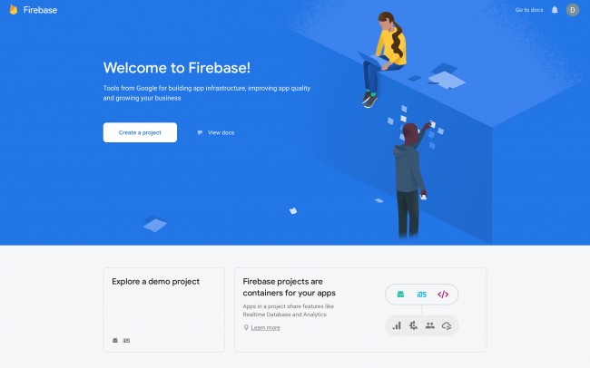 Firebase console with create a project button if this is your first project