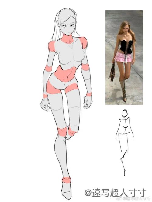 Fashion sketch inspired by a model in corset and pink skirt, showcasing anatomy highlights and pose reference.