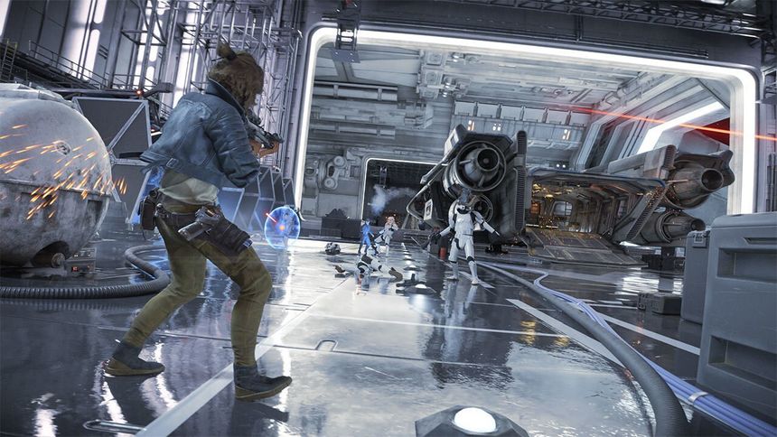 Kay takes on Stromtroopers with an E11 blaster as she attempts to get to the Trailblazer