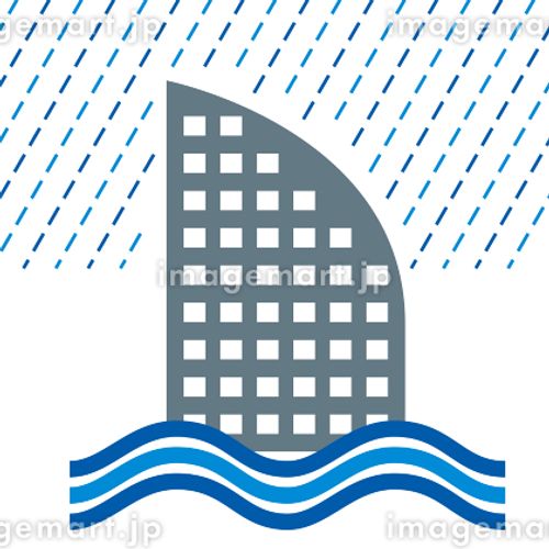 ホテル、商業ビルディングの洪水、豪雨水害のイラスト　アイコン、シルエット、損害保険自然災害イメージ ストローク,コンビニ,シンボルのイラスト素材