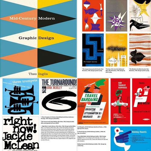 an advertisement for the mid century modern graphic design magazine, featuring colorful posters and text