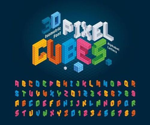 fontes estilizadas de pixels isométricos 3d coloridos abstratos. vetor de letras e números do alfabeto cubo.