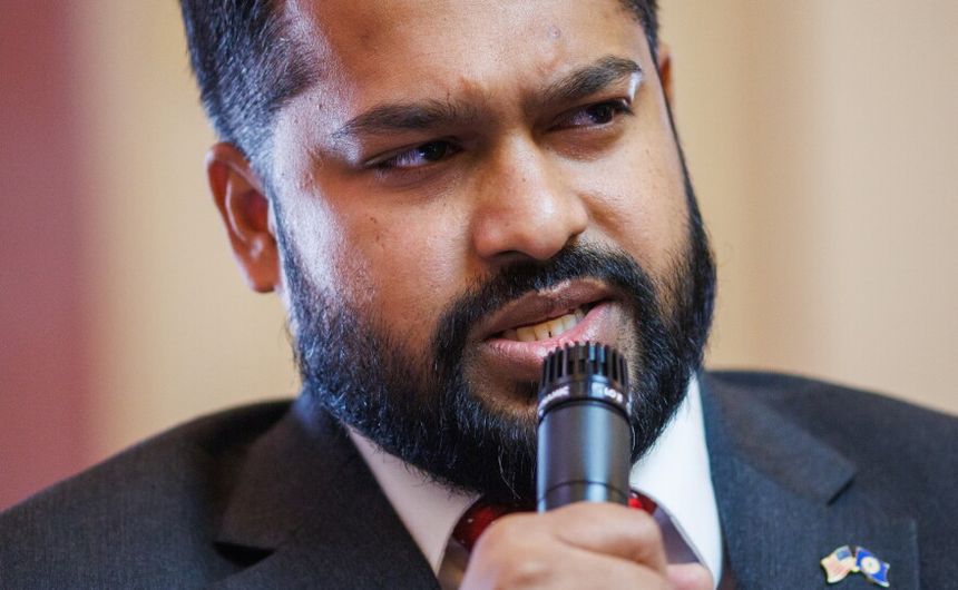 State Sen. Saddam Azlan Salim, D–Fairfax, talks about his family getting pulled over by federal immigration officers because of their appearance during debate on a bill amendment on Tuesday, February 17, 2026 at the Virginia State Capitol in Richmond.