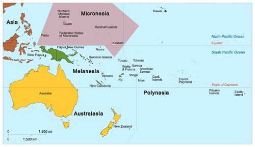 Map of Micronesia and its relationship to Polynesia, Melanesia and Australia. The whole area is sometimes called Oceania.
