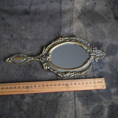 Victorian hand mirror with handle Ornate handheld mirror Antique brass vanity decor