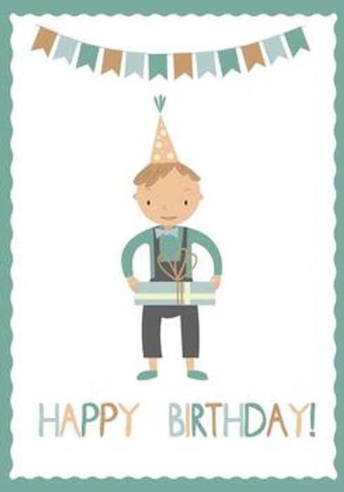 vector greeting card with little happy boy that holding his gift