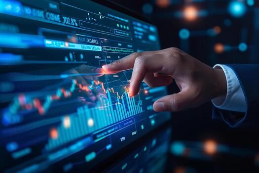 AI generated Businessman touching on holographic analyzing data growth of investment, Financial and banking, Health business report photo