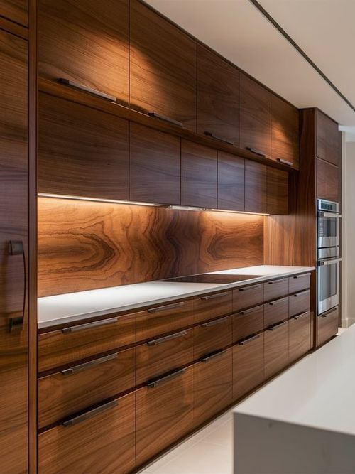 Solid Wood Kitchen Furniture, Kitchen Cupboard Designs Wood, Horizontal Upper Kitchen Cabinets, Cabinet Wood Colors, White Oak And Walnut Kitchen, Walnut Wood Cabinet Style, Flat Front Walnut Kitchen Cabinets, Walnut Flat Panel Kitchen Cabinets, Walnut Slab Kitchen Cabinets