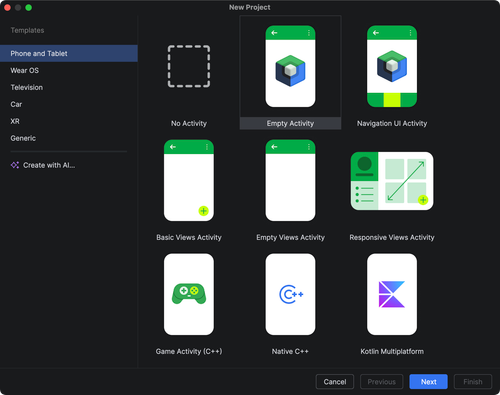 “新项目”对话框，其中包含各种应用模板的卡片，例如“Empty Activity”“Navigation UI Activity”等。该对话框还包含“用 AI 创作”控件，用于在 Android Studio 中激活 Gemini，以便为您设置新项目。