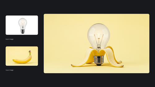 AI-generated image of: a side-by-side comparison showing image merging. On the left are two separate input images: one of a glowing lightbulb and the other of a yellow banana. On the right, the generated output merges the two, showing a lit lightbulb base nestled inside a partially peeled banana, with the yellow peel curved to cradle the bulb against a soft yellow background.