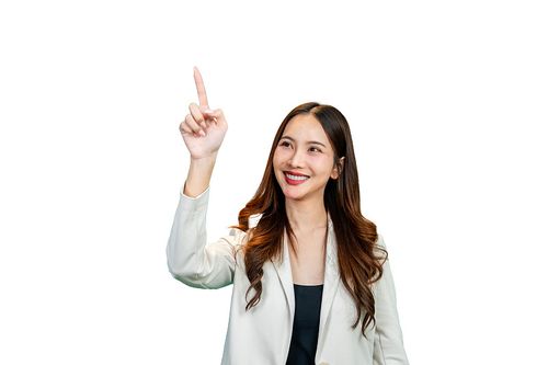 穿着职业装的微笑女性指向上方，背景为白色图片下载