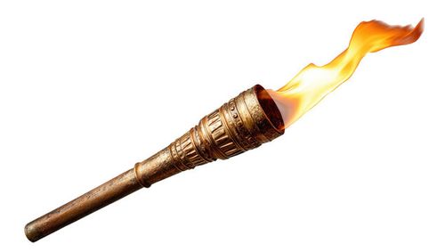 A glowing torch with detailed bronze-like handle, dancing flame against a black background