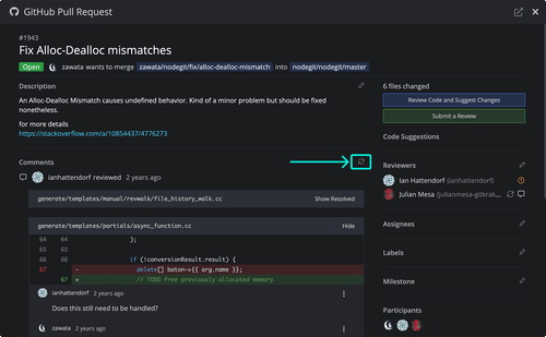 GitHub Pull Request view in GitKraken Desktop showing reviewers, code diff, and a highlighted refresh comments button