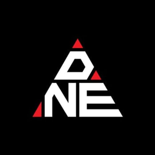 DNE triangle letter logo design with triangle shape. DNE triangle logo design monogram. DNE triangle vector logo template with red color. DNE triangular logo Simple, Elegant, and Luxurious Logo.