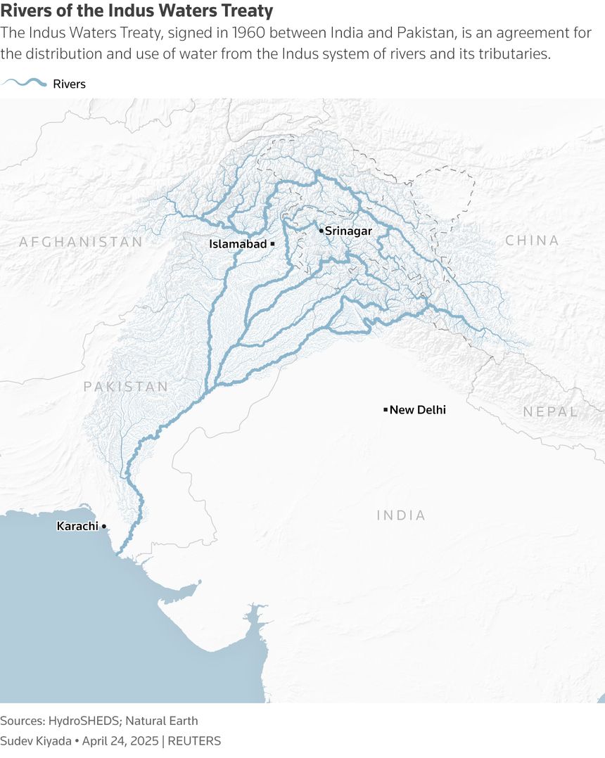 Graphic: Map illustrating the Indus River system with its major rivers highlighted in blue, showing their geographical locations across the India-Pakistan region.