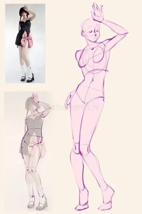 Fashion pose reference with woman in black dress, pink bow, and artistic figure sketch for drawing inspiration.