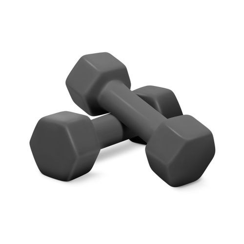 two gray dumbbells sitting on top of each other in front of a white background