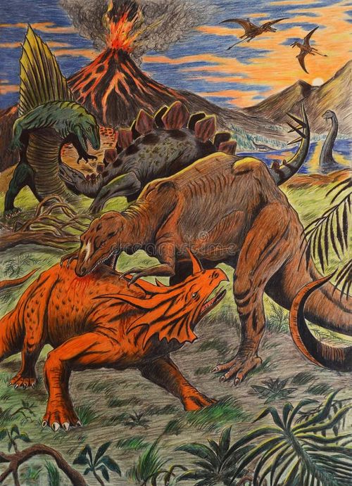 Artistic drawing of dinosaurs fighting on prehistoric landscape. Dinosaur fighting illustrations