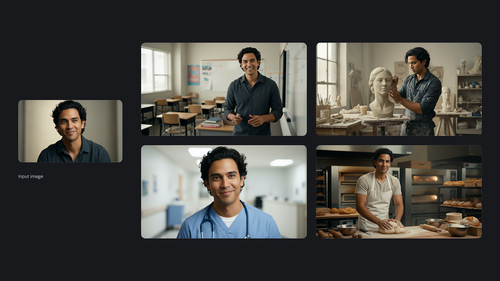 AI-generated image of: a grid demonstrating image variation generation. On the left is a headshot input image of a smiling man with dark curly hair. On the right, a 2x2 grid shows four variations of the man in different professional roles: as a teacher in a classroom, a sculptor working on a bust, a nurse in a hospital setting, and a baker kneading dough in a commercial kitchen.