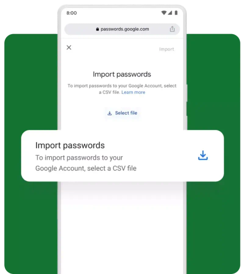 A mobile pop-up asks the user if they want to import passwords.