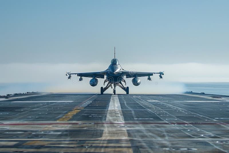 Front view of an F-16 fighter jet taking off from the runway on an aircraft carrier. Calm sea and clear blue sky on the background. F16 fighter jet front view stock images, royalty-free photos and pictures