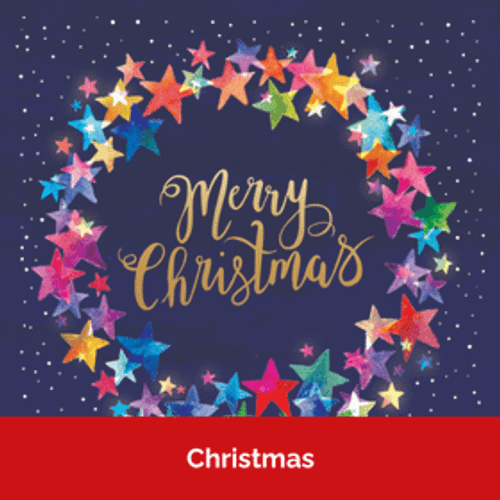A dark blue background with a wreath made out of colourful stars. Text in the middle reads Merry Christmas.