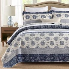 Homzard Quilt Queen Size - Queen Comforter Set,Navy Blue Beige Grey All Cotton Quilted Bedspread Set,Striped Floral Pattern Quilt,Lightweight Paisley 3 Piece Bedding,All Seasons