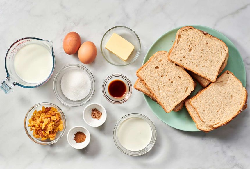 Ingredients to make bread and butter pudding