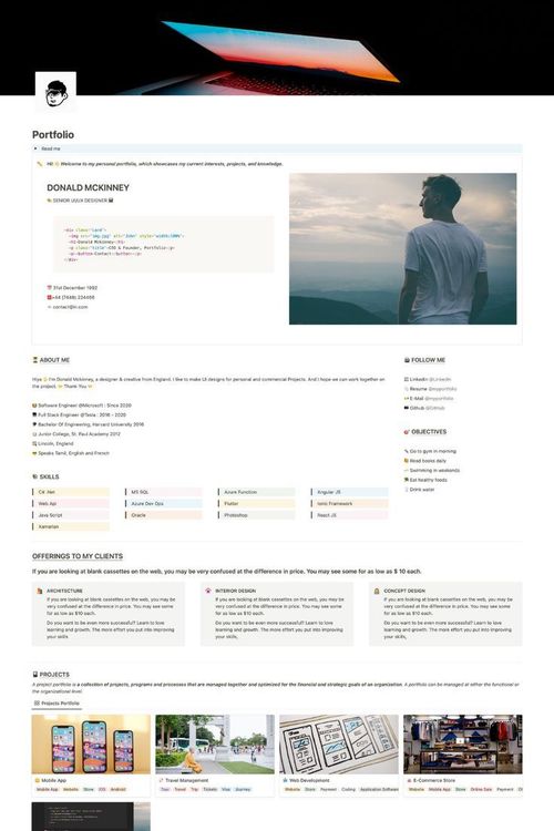 A portfolio for designers or product managers that includes featured projects, and links to social media. This portfolio notion template contains sections for Intro, About me, Offerings To My Clients, Projects & Blogging. Impress the potential employer/client with this personal portfolio template. Download this now.