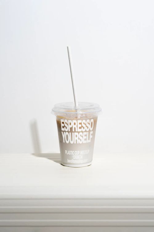 Espresso Yourself plastic cup mockup with iced coffee