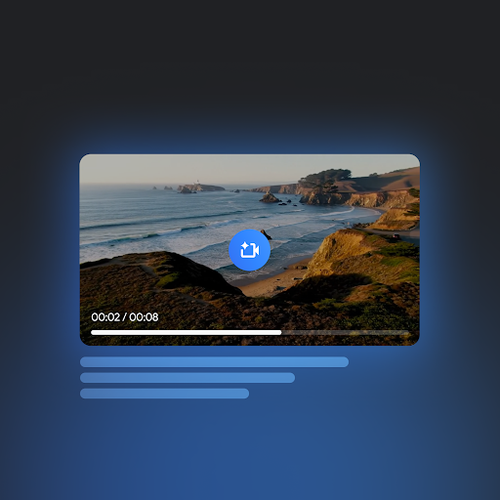 有海洋和岩岸的海濱風景圖。圖片上有 Gemini 影片圖示，下方則有橢圓形線條。