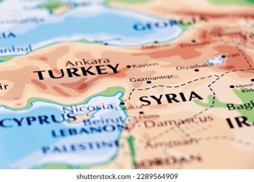 close up of a world map with syria and turkey in focus Stock Photo
